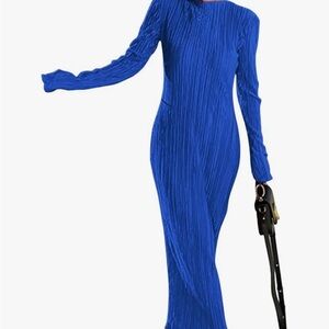 Blue Long-Sleeve Ribbed Maxi Dress - Elegant Women's Dress